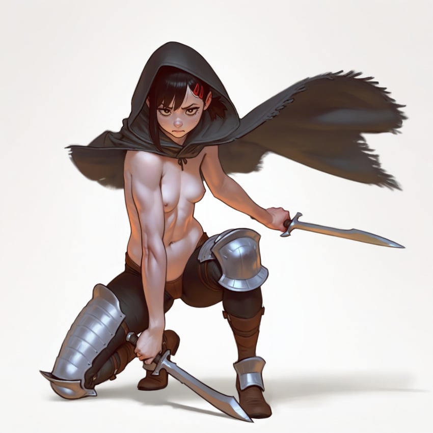 2024 ai_assisted ai_generated alternate_costume armor armored_boots armored_female brown_hair chainsaw_man cloak dagger dark_eyes dual_wielding greaves hairclip hi_res holding_weapon hood kneeling kobeni_higashiyama medieval on_one_knee pants short_hair small_breasts sweatdrop topless unconvincing_armor weapon wheel_of_fortune_(director) white_background