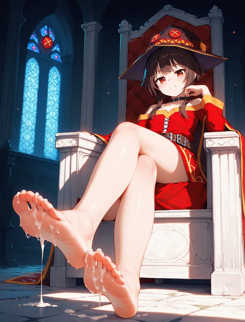 ai_generated crossed_legs cum_on_feet feet female megumin sitting soles throne