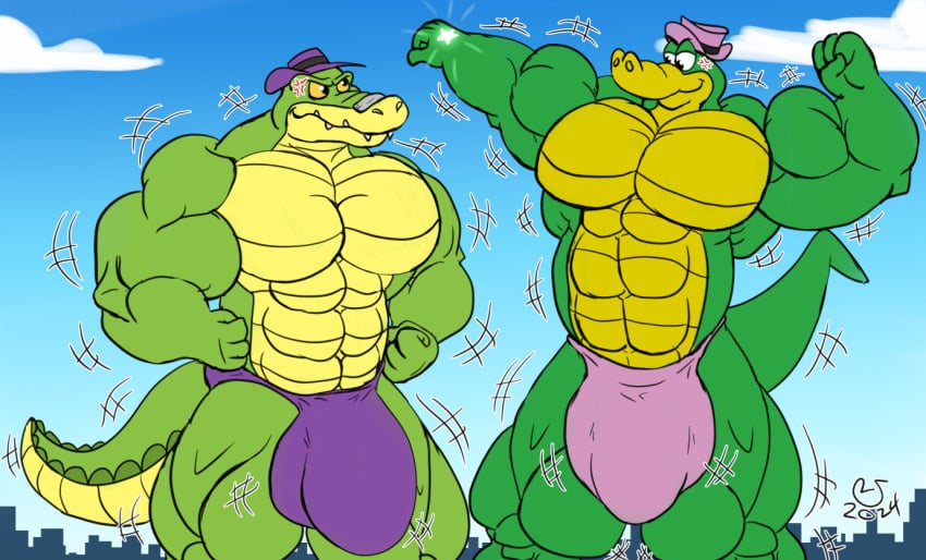 2024 alligator alligatorid anthro brok_(brok_the_investigator) brok_the_investigator building bulge caseyljones city clothing cloud cowcat_games crocodilian duo hanna-barbera hat headgear headwear macro male muscular muscular_male outside pecs reptile scalie underwear wally_gator wally_gator_(series)