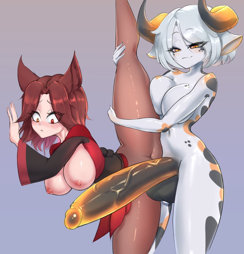 1futa 1girls 2024 areolae balls breasts clothed clothing dragon_girl duo erection female futa_on_female futanari grey_skin horns huge_cock humanoid humanoid_penis light-skinned_female monster_girl nipples nude orange_penis partially_clothed penis red_hair short_hair standing vertical_splits vovock white_hair