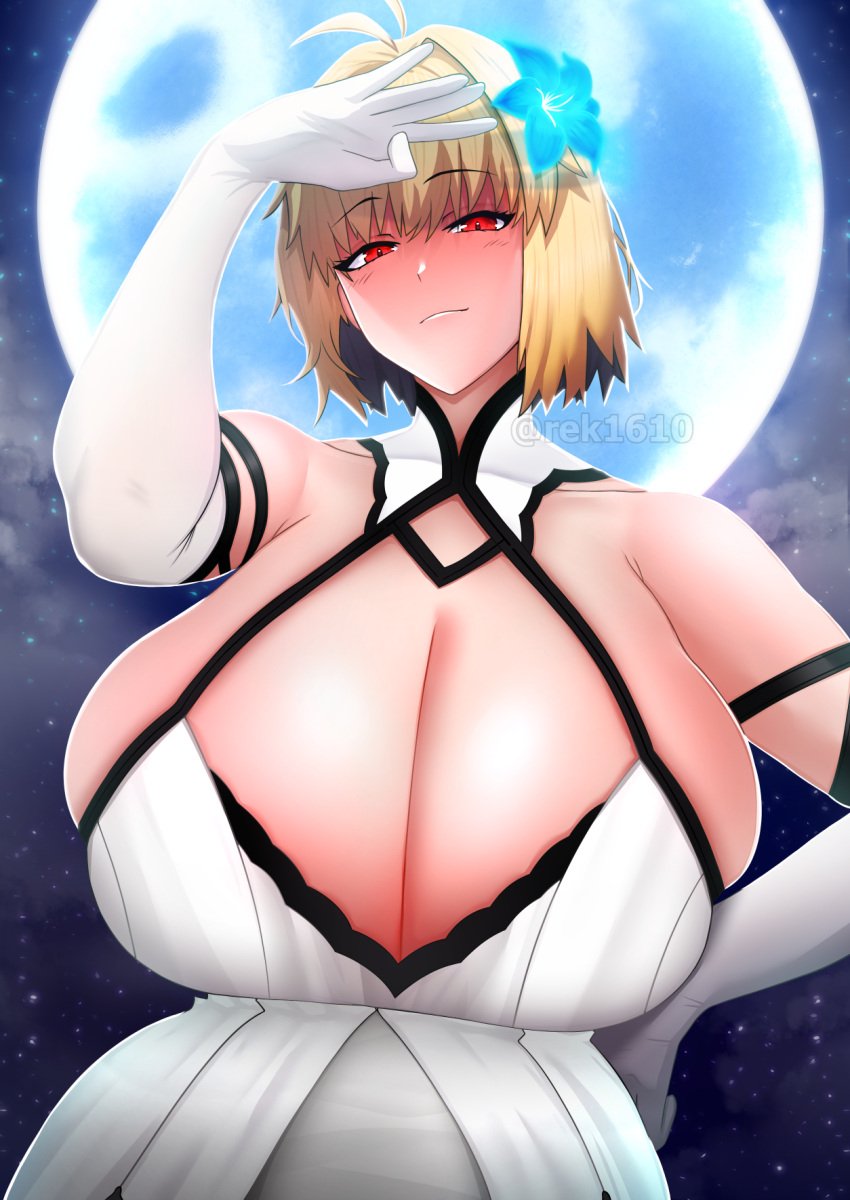 1girls alternate_hairstyle arcueid_brunestud big_breasts blonde_hair blush breast_focus breasts breasts_bigger_than_head dress enormous_breasts exposed_shoulders female female_only ginormous_breasts gloves hair hair_ornament huge_boobs huge_breasts hyper hyper_breasts large_boobs large_breasts long_gloves red_eyes rek1610 short_hair shoulder sleeveless smile solo solo_female top_heavy tsukihime tsukihime_(remake) type-moon vampire vampire_girl