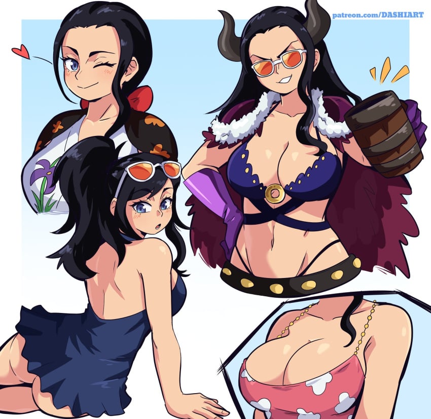 1girls ass beast_pirates_(cosplay) beast_pirates_uniform big_breasts black_hair blue_eyes breasts cape cleavage closed_mouth dashi_art dress dressrosa eyewear_on_head female female_only gloves heart highres horns large_breasts long_hair multiple_views navel nico_robin one_eye_closed one_piece orobi ponytail post-timeskip sitting smile smirk sunglasses v-shaped_eyebrows wink