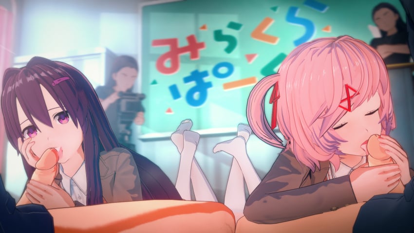 3d big_breasts big_penis blowjob cute_face cute_fang doki_doki_literature_club filming group_sex happy_sex human human_only light-skinned_female light-skinned_male light_skin natsuki_(doki_doki_literature_club) penis smug_face yuri_(doki_doki_literature_club)