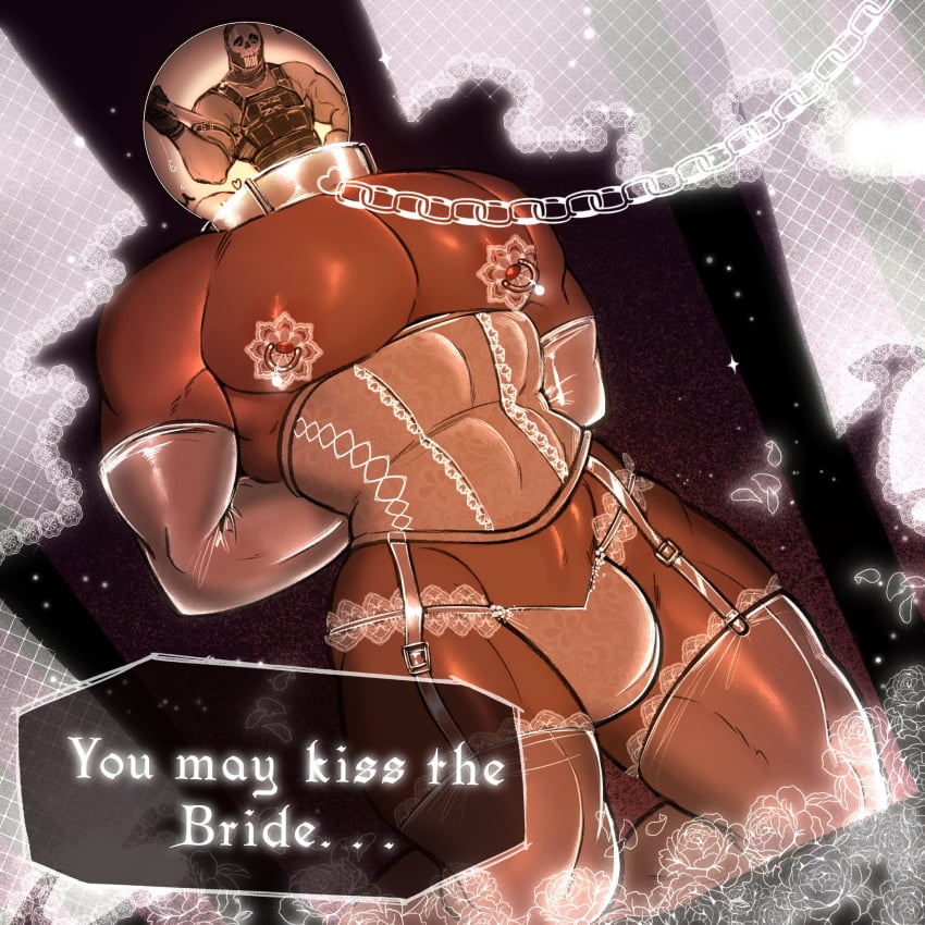 big_pecs bridal_gloves bridal_lingerie chain_leash chains collar corset crossdressing dialogue garter_straps kneeling lace lace_trim lingerie majormelon1 male male_only manly_crossdresser masked nipple_piercing original original_character panties pecs piercings stockings submissive submissive_male sweatdrop unseen_character