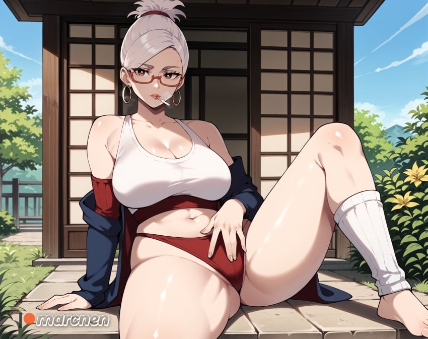 ai_generated ayase_seiko big_breasts brown_eyes clothed dandadan female female_only glasses gray_hair hoop_earrings jacket large_breasts leg_up leg_warmers legwear marcnen outdoors patreon patreon_username sitting smoke smoking solo sports_bra sportswear thick_thighs