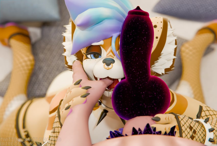 3d_(artwork) absurd_res animal_genitalia animal_penis anthro ass big_ears blender_(artwork) blue_hair bodily_fluids brown_body brown_fur canine_genitalia canine_penis claws clothing collar cosmic_penis digital_media_(artwork) drooling duo facial_piercing fangs femboy finger_in_mouth first_person_view fishnet_clothing flare_(flarevrc) fluffy_ears fur genitals gynomorph gynomorph/male hair hi_res hyena hyenid_(alber) hyenid_(species) intersex intersex/male knot looking_at_viewer male mammal nose_piercing oral oral_focus pawpads paws penis penis_grab penis_on_face piercing pubes saliva saliva_on_tongue saliva_string sheath teeth thumb_in_mouth vrchat zushou zushou_(character)