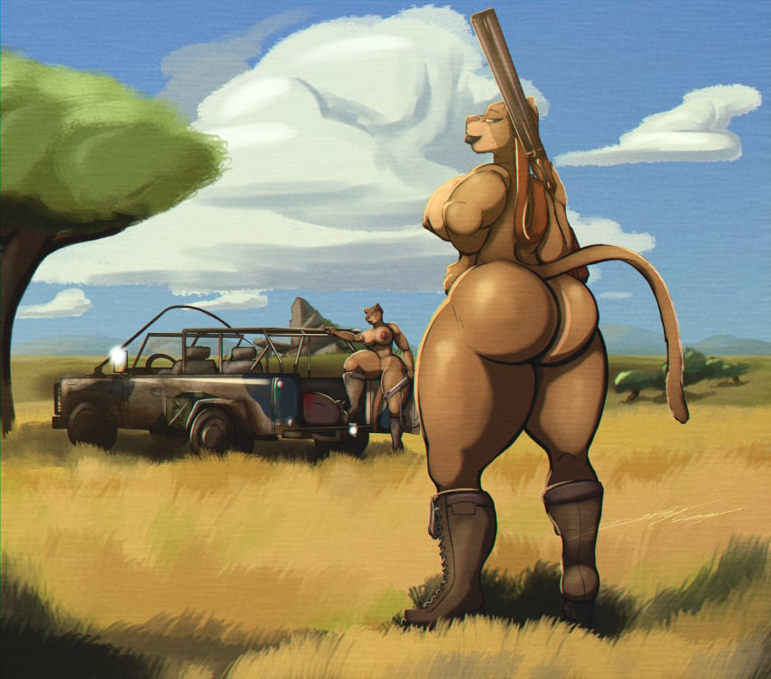 anthro ass boots breasts clothing cloud day duo felid female fingers footwear footwear_only fur genitals grass gun hi_res jeep lion mammal mostly_nude nipples outside pantherine pink_nipples pink_nose plant pussy ranged_weapon rifle shaded shoes standing tail tan_body tan_fur tree vehicle weapon xcronic