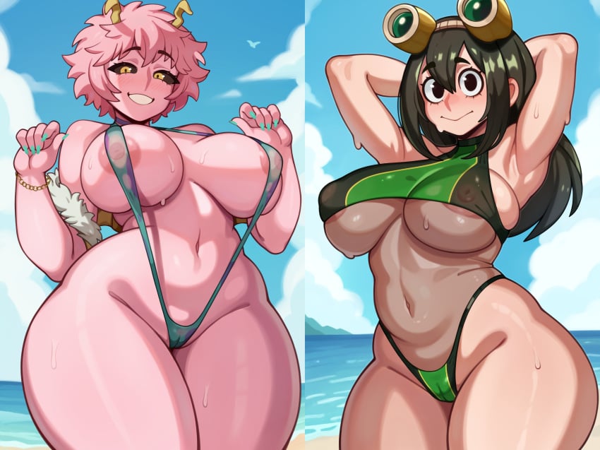 2024 2girls alternate_breast_size antennae areola areola_slip armpits ass beach big_areola big_ass big_breasts big_nipples big_thighs bikini black_eyes black_sclera blush breasts bubble_butt cleavage curly_hair female female_focus female_only green_hair hands_behind_head hourglass_figure huge_areola huge_ass huge_breasts huge_thighs large_ass large_breasts looking_at_viewer melonpuff mina_ashido my_hero_academia nipple_peek nipples nipples_visible_through_clothing pink_body pink_hair pink_skin pussy pussy_visible_through_clothes see-through see-through_clothing slim_waist sling_bikini sweat sweatdrop sweating swimsuit tagme thick_hips thick_thighs thighs tsuyu_asui watermark wide_hips yellow_eyes