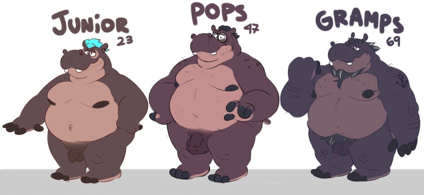 2024 anthro balls beard belly big_belly common_hippopotamus eyewear facial_hair flaccid genitals glasses hi_res hippopotamid leothelionel male mammal mature_male moobs nipples overweight overweight_male penis simple_background