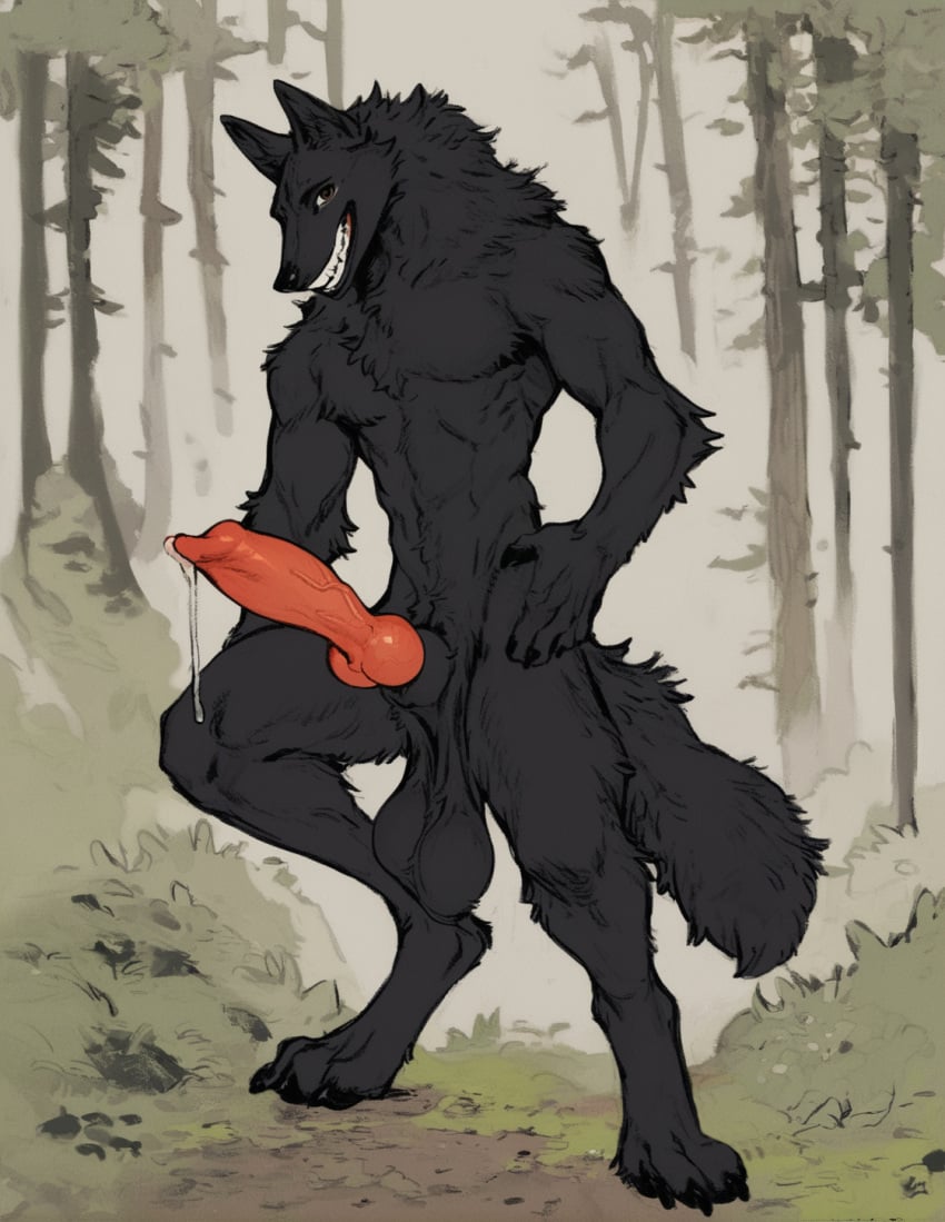 abs ai_generated animal_genitalia animal_penis anonymous_director anthro athletic athletic_male balls big_balls big_penis biped black_balls black_body black_fur bodily_fluids canid canine canine_genitalia canine_penis canis claws confident digitigrade dripping erection forest fur genital_fluids genitals grin hi_res huge_balls huge_cock knot leaking_precum looking_at_viewer male mammal muscular muscular_male neck_tuft nude nude_male outside pawpads penis plant precum precum_drip precum_string presenting presenting_penis saggy_balls sheath smile solo standing teeth toe_claws tree tuft vein were werecanid werecanine werewolf wolf