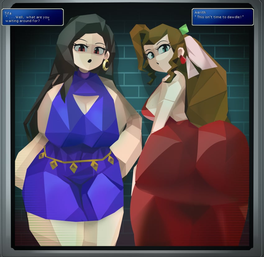 2girls aerith_gainsborough ass big_ass big_breasts black_hair bottom_heavy breasts brown_hair bubble_butt busty captain_kirb cleavage dat_ass dress ear_piercing earrings fat_ass female female_only final_fantasy_vii hand_on_hip huge_ass huge_breasts large_ass large_breasts looking_at_viewer looking_back low_poly low_poly_tifa massive_ass piercing png polygon polygonal ps1_artstyle text text_box thick_ass thick_thighs tifa_lockhart