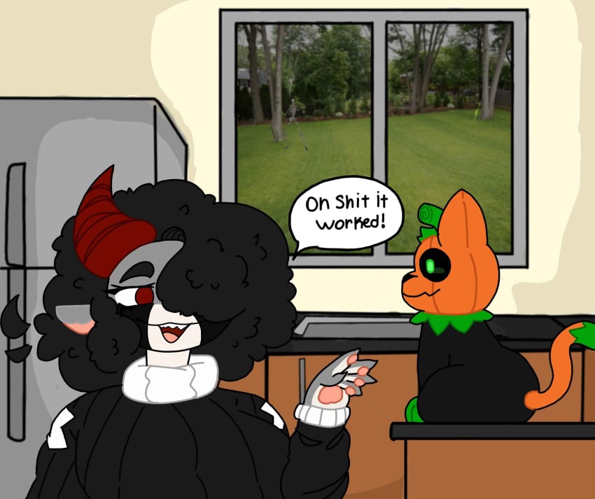 background black_fur black_hair cat_ears cat_tail catboy dialog dialogue digital_media_(artwork) feline fridge furry furry_female furry_only gray_fur green_eyes green_fur halloween horn kitchen magic magic_user moon(sl33py_demon) open_mouth orange_fur original original_character pumkat red_eyes red_horns skeleton sl33py_demon speech_bubble talking talking_to_another text white_fur