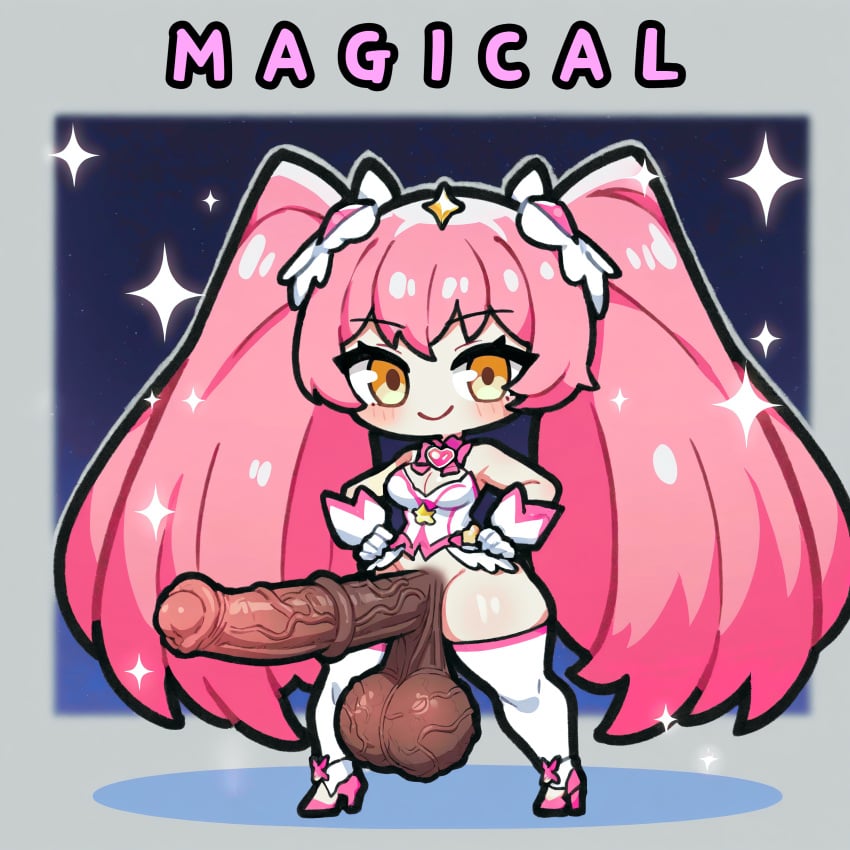 1futa ai_generated big_breasts big_penis chibi chibi_style full_body futa_only futaalover futanari hair_ribbon horse_penis horsecock horsecock_futanari huge_cock large_breasts large_testicles magical_girl magical_girl_outfit penis pink_hair smile sparkles spread_legs standing twintails veiny_penis veiny_testicles yellow_eyes