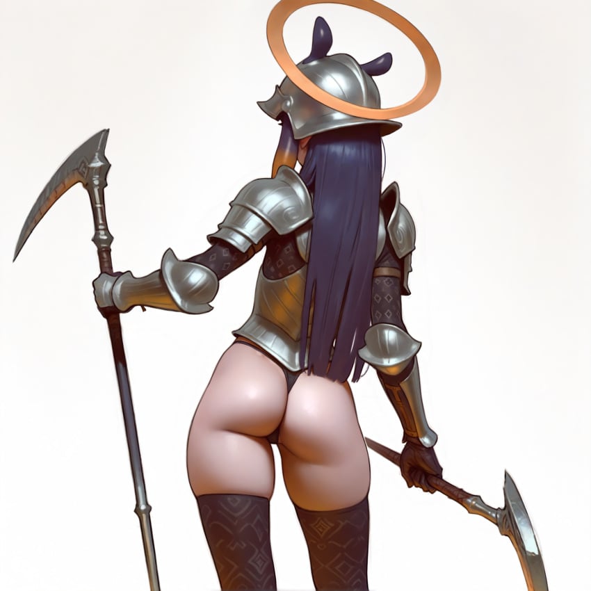 2024 ai_assisted ai_generated alternate_costume armor ass bracers dual_wielding from_behind halo helmet hi_res holding_weapon hololive hololive_english hololive_myth long_hair ninomae_ina'nis pattern_clothing pauldrons pointy_ears purple_hair sickle slim tentacle_hair thighhighs thong virtual_youtuber wheel_of_fortune_(director) white_background