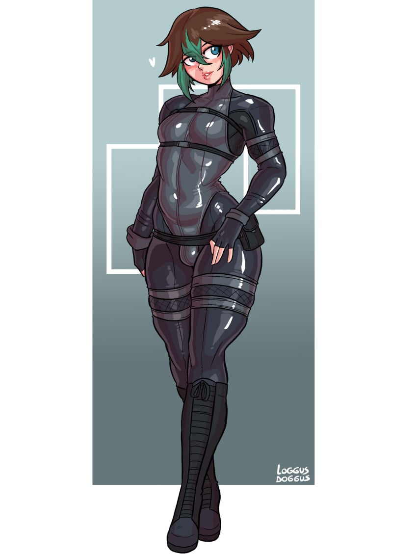 boots brown_hair bulge cosplay femboy latex loggus_doggus original_character sharkii sneaking_suit