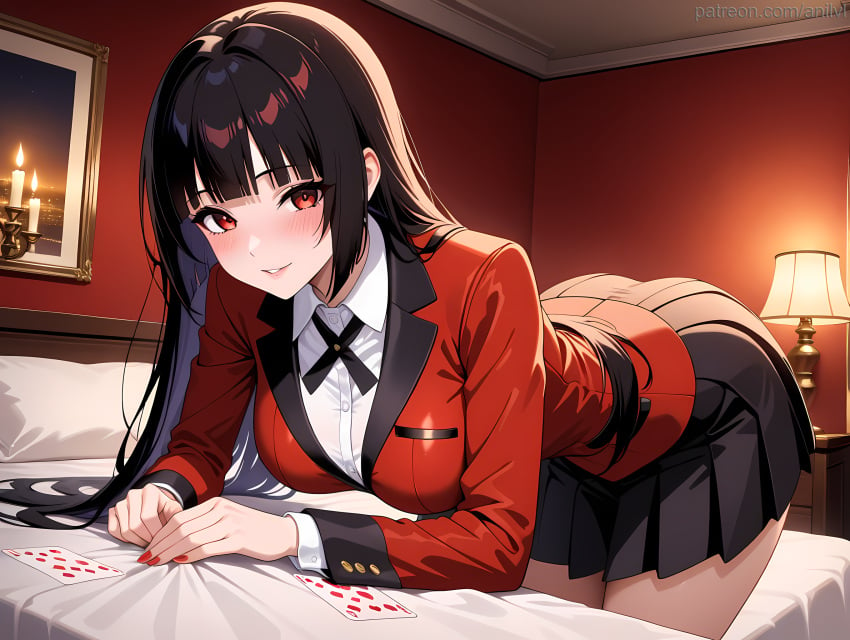 1girls ai_generated anilvl bangs bed bed_sheet bent_over big_breasts black_hair black_skirt blazer blunt_bangs blush breasts candle card collared_shirt hime_cut indoors jabami_yumeko jacket kakegurui lamp large_breasts long_hair long_sleeves looking_at_viewer miniskirt nail_polish on_bed pantyhose parted_lips picture_frame pillow playing_card pleated_skirt red_eyes red_jacket red_nails ribbon school_uniform shirt skirt smile solo very_long_hair white_shirt