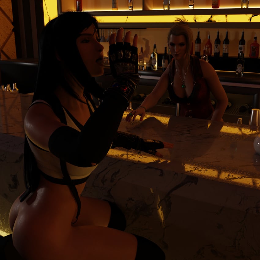 1futa 1girls 3d 3d_(artwork) ass ass_focus big_ass confusion drinking drinking_cum final_fantasy final_fantasy_vii futanari half_naked open_shirt runeiteer scarlet_(ffvii) sitting smirking tifa_lockhart unaware unaware_female