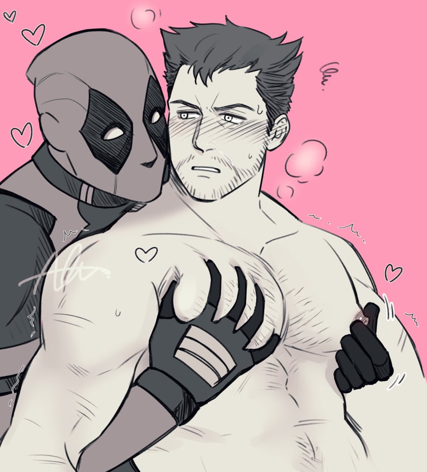 2boys bara beard_stubble blank_eyes blush chest_hair collarbone deadpool facial_hair from_behind gay gloves greyscale_with_colored_background hand_on_another's_chest heart james_howlett large_pectorals logan_(x-men) looking_at_another male_focus marvel mask mature_male motion_lines multiple_boys muscular muscular_male mustache_stubble navel_hair nipple_stimulation nipple_tweak nipples nude parted_lips pectoral_grab pectorals pink_background sherlock7akane short_hair simple_background stubble sweat teeth twitter_username upper_body wade_wilson wolverine_(x-men) x-men yaoi