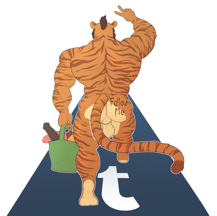 2018 5_fingers anthro ass balls body_writing brown_hair dildo faceless_male feline fluffysnowmeow hair hi_res holding_object male male_only mammal mohawk nude pantherine rear_view sex_toy simple_background solo tiger tumblr v_sign walking white_background