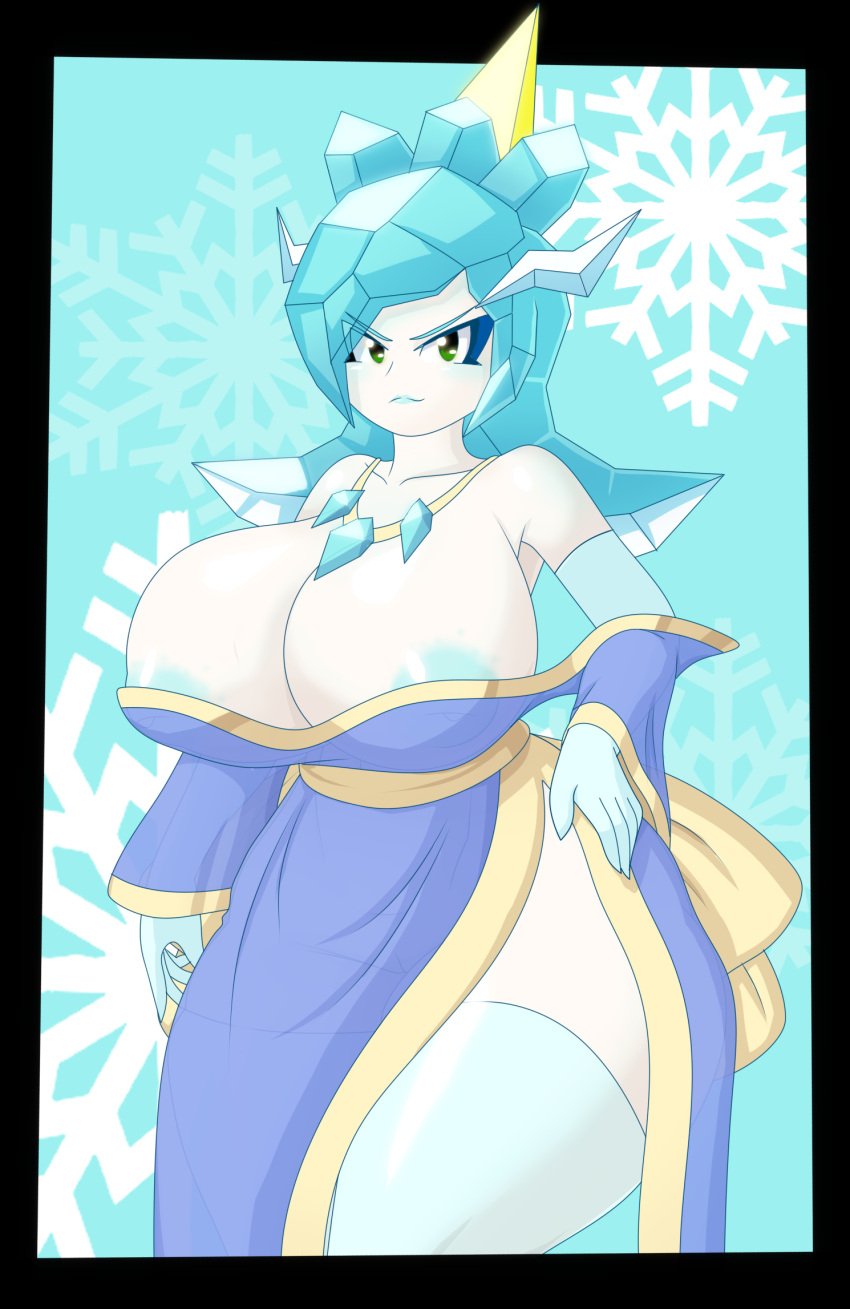 1girls arm_on_hip big_breasts blue_gloves blue_hair blue_nipples breasts chief_chilly chiefness_chilly_(mrlucke) dress gems gijinka gloves green_eyes humanoid ice ice_hair luckerabbit6 mrlucke nip_slip pale_body pale_skin pale_skinned_female pussy queen rule_63 super_mario_64 super_mario_64_ds tagme tights translucent_clothing twintails