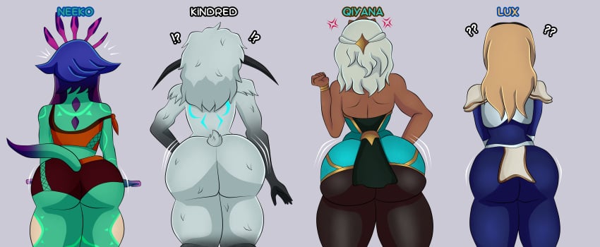 4girls ass ass ass_comparison ass_focus ass_size_chart ass_size_difference blonde_hair blueartfiend female huge_ass kindred lamb_(league_of_legends) large_ass league_of_legends luxanna_crownguard neeko qiyana_yunalai riot_games shorts thick_ass thick_thighs thighs tights white_hair