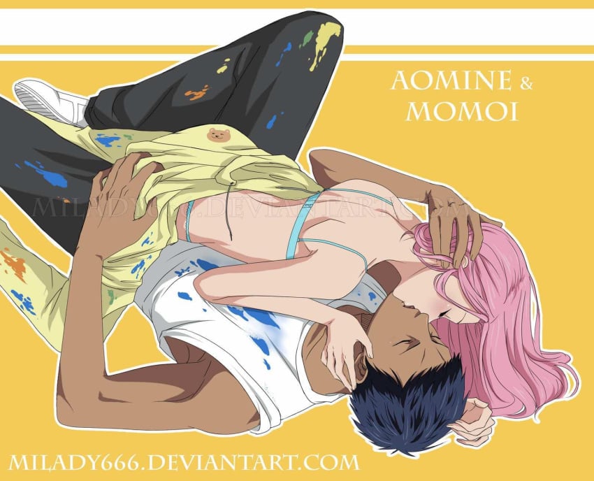 aomine_daiki ass_grab daiki_aomine female_on_male kissing kuroko's_basketball kuroko_no_basuke male/female momoi_satsuki navy_blue_hair pink_eyes pink_hair straight tan_skin undressing