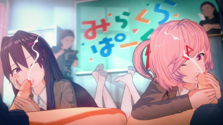 2girls 3d big_breasts big_penis blowjob cumshot cute_face cute_fang doki_doki_literature_club filming group_sex happy_sex human light-skinned_female light-skinned_male light_skin natsuki_(doki_doki_literature_club) penis smug yuri_(doki_doki_literature_club)