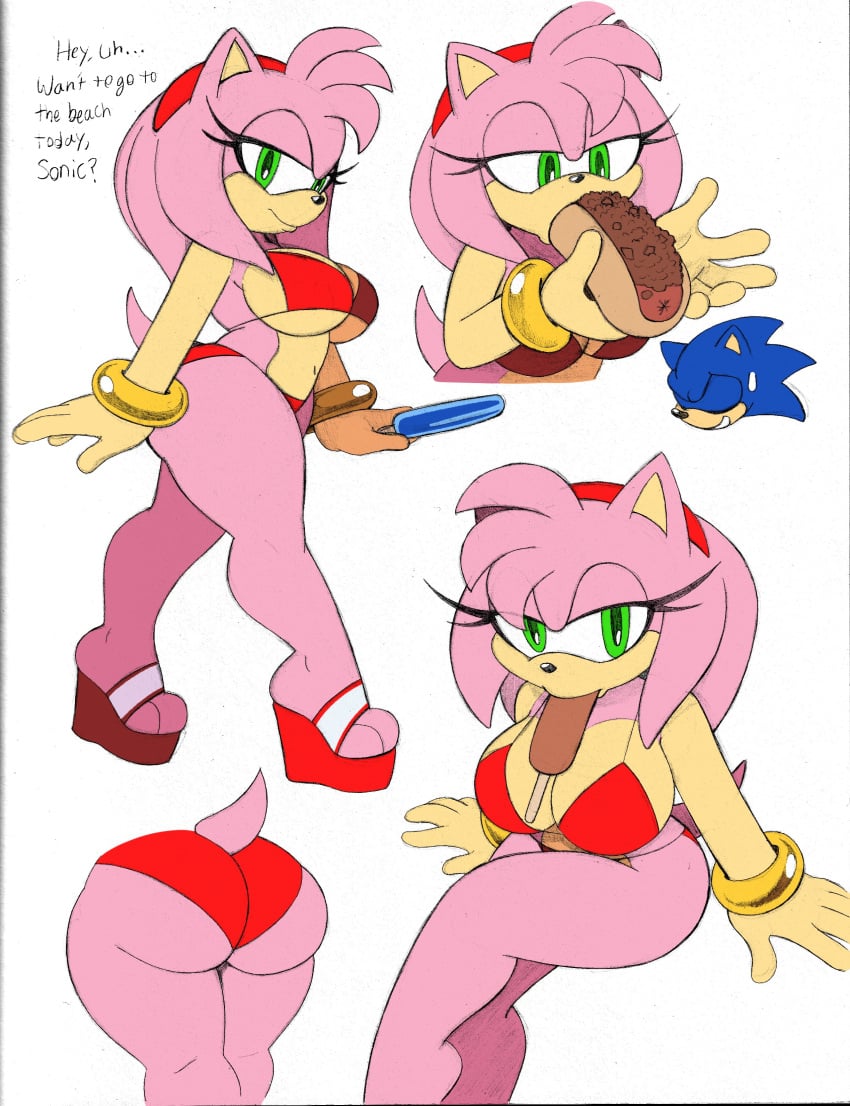 amy_rose big_butt bikini bikini_bottom bikini_top breasts chili_dog color colored dat_ass eating eating_food english english_text female female_focus high_heels hot_dog hotdog no_background omegasunburst popsicle sega sketch sonic_(series) sonic_the_hedgehog sonic_the_hedgehog_(series) voluptuous voluptuous_female white_background