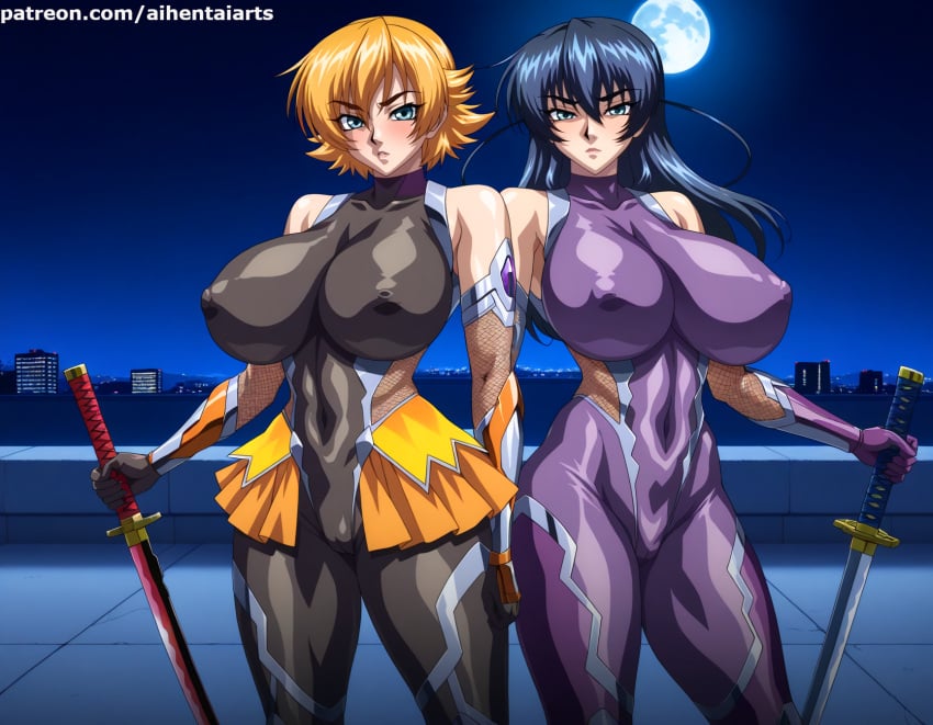 2girls ai_generated armguard black_hair black_leotard blonde_hair blue_eyes blush bodysuit city curvaceous curvy curvy_body curvy_female curvy_figure green_eyes highres huge_breasts igawa_asagi igawa_sakura lilith-soft lips long_hair looking_at_viewer mature_female moon murakami_teruaki navel night nipple_bulge nipples_visible_through_clothing orange_skirt outdoors short_hair sisters skirt slim_waist sword taimanin_(series) taimanin_asagi taimanin_suit thick_thighs voluptuous voluptuous_female