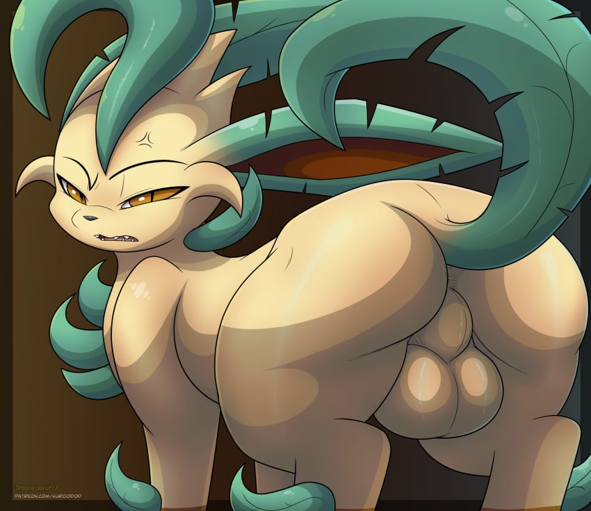 absurd_res anus ass balls brown_background eeveelution feral generation_4_pokemon genitals hi_res kuroodod leafeon looking_at_viewer looking_back male nintendo open_mouth pokemon pokemon_(species) pupils quadruped raised_tail rear_view shaded simple_background slit_pupils solo tail text thick_thighs url wrath_(kuroodod)