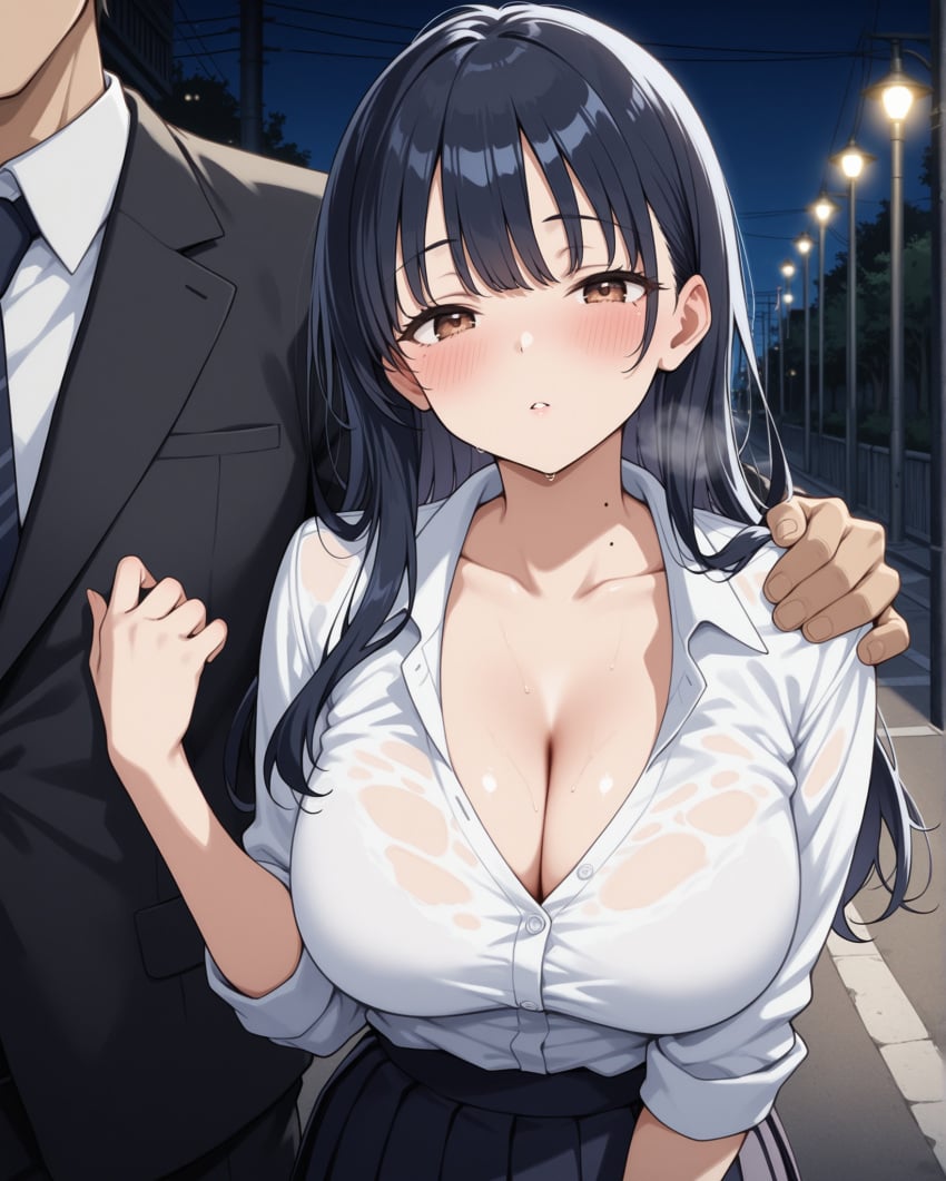 1boy 1girls ai_generated bangs black_hair blush boku_no_kokoro_no_yabai_yatsu breasts brown_eyes cheating cheating_girlfriend cleavage collarbone collared_shirt female hand_on_another's_shoulder heavy_breathing large_breasts looking_at_viewer mole mole_on_neck netorare night notreallyhere ntr parted_lips pleated_skirt shirt size_difference skirt street suit sweat upper_body yamada_anna