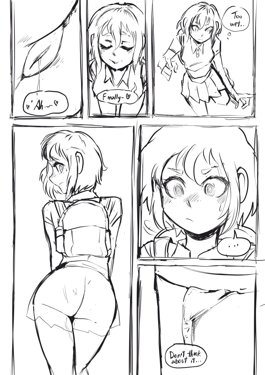 after_peeing backpack biku black_and_white comic_page english_text going_commando no_panties_under_skirt original original_character panties potted_plant relief school_uniform schoolgirl speech_bubble vagina