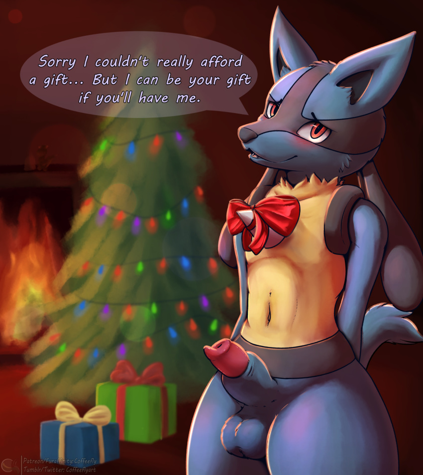 1boy 2018 abs animal_genitalia animal_penis anthro aroused black_fur blue_balls blue_fur blush bow canine canine_penis christmas christmas_tree coffeefly english_text fire fur furry gift half-erect holidays lens_flare looking_at_viewer lucario male male_only mammal nintendo no_nipples nude penis penis_tip pokemon pokemon_(species) pokemon_dppt red_eyes ribbons sheath smile solo standing testicles text thick_thighs tree url video_games watermark yellow_fur