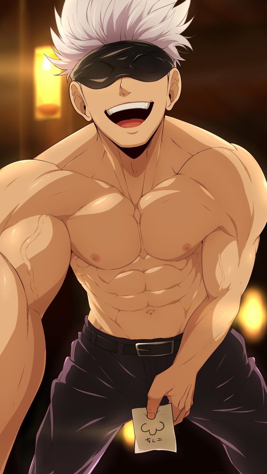 abs black_belt black_pants blindfold blindfolded blindfolded_male blurred_background chest half_naked holding_object holding_paper holding_viewer jujutsu_kaisen muscles muscular muscular_male no_shirt no_visible_genitalia paper pecs satoru_gojo smiling smiling_at_viewer white_hair