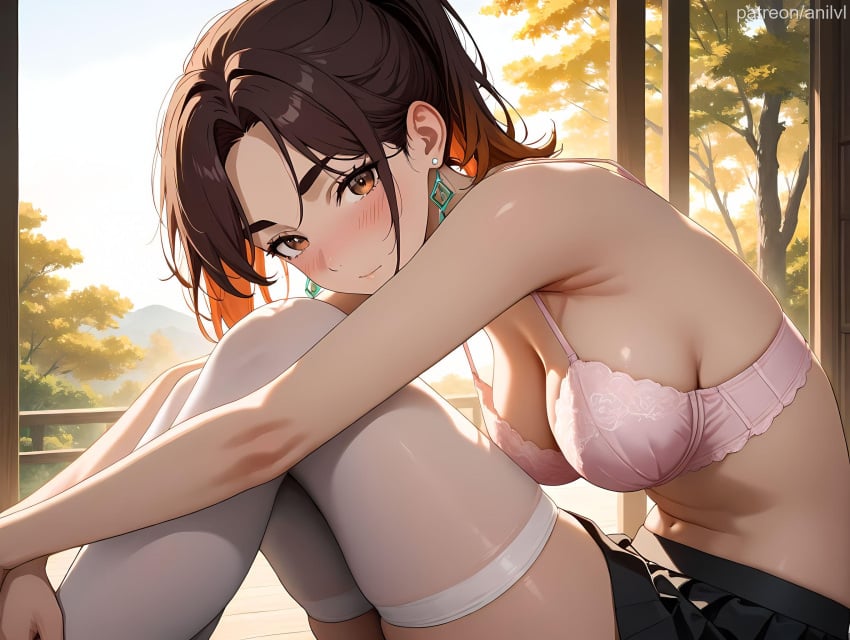 1girls ai_generated anilvl ayase_momo bangs bare_arms bare_shoulders big_breasts black_skirt blush bra breasts brown_eyes brown_hair cleavage closed_mouth dandadan day earrings from_side gradient_hair indoors jewelry knees_up large_breasts looking_at_viewer medium_breasts miniskirt multicolored_hair navel no_shirt orange_hair parted_bangs pink_bra pleated_skirt ponytail sideboob sitting skindentation skirt smile solo stomach thick_eyebrows thighhighs thighs tree two-tone_hair underwear white_thighhighs window