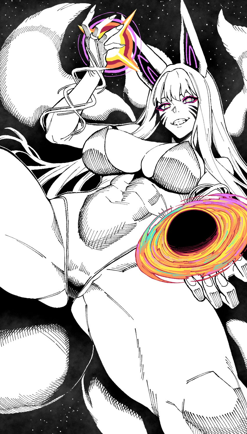 big_ass big_breasts black_hole bodysuit cosmic_background fox fox_ears fox_girl galaxy goddess huge_ass huge_breasts kitsune macro massive_ass massive_breasts miya_kitashima primordial primordial_deity space spread_legs star stars