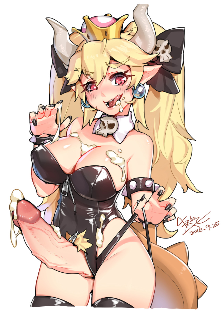 absurdres armlet black_legwear black_leotard black_nails black_panties black_ribbon blonde_hair blush bodysuit bowsette bracelet breasts cleavage crown cum cum_on_body cum_on_breasts cum_on_upper_body dated detached_collar eyebrows_visible_through_hair female futa_only futanari genderswap highres horns intersex jewelry large_breasts large_penis leotard mario_(series) nail_polish new_super_mario_bros._u_deluxe nintendo panties panty_pull penis red_eyes ribbon signature simple_background trevor25527766 twintails uncensored underwear white_background