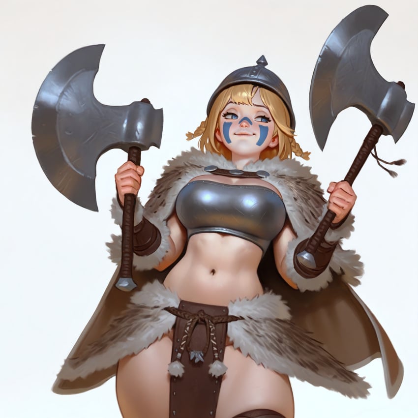 2024 ai_assisted alternate_costume armor axe blonde_hair blue_eyes braid cape dual_wielding face_paint fur_cape helmet hi_res holding_weapon hololive hololive_english hololive_myth looking_away midriff pelvic_curtain short_hair unconvincing_armor viking viking_female virtual_youtuber watson_amelia wheel_of_fortune_(director) white_background