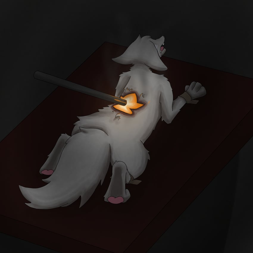 black3white burn_scar burning crying furry furry_female grey_body grey_fur marking no_eyes pain red_hot_metal scar screaming sizzling smoke tied_to_table