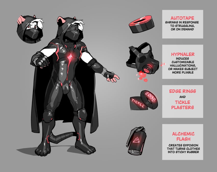 2024 anthro athletic athletic_anthro athletic_male biped black_cape black_clothing black_fingerless_gloves black_gloves black_handwear black_hood bulge cape clothing detailed_bulge fingerless_gloves gas_mask glistening glistening_clothing gloves grumpy_gray_guy handwear hi_res male mammal mask mouse murid murine rodent solo standing