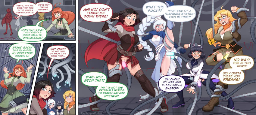 blake_belladonna bondage comic dialogue femsub penny_polendina ruby_rose rwby scopedout speech_bubble team_rwby tech_control tentacle text transformation weiss_schnee yang_xiao_long