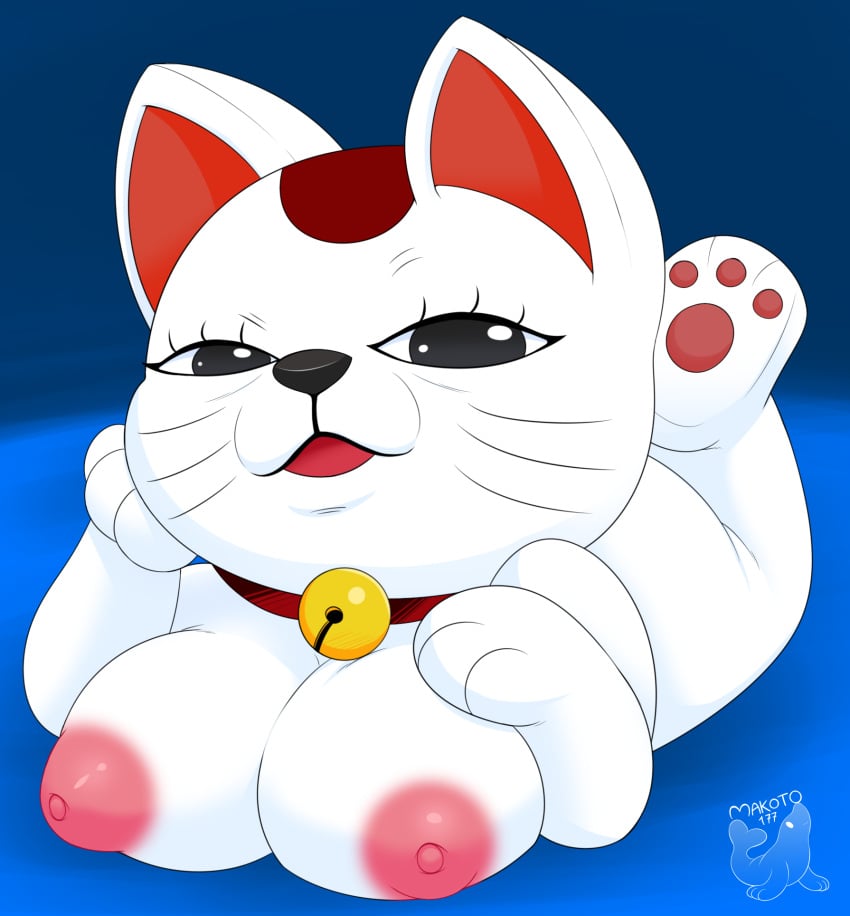 2024 bell bell_collar breasts collar dandadan digital_media_(artwork) domestic_cat felid feline felis female hi_res humanoid looking_at_viewer makoto177 mammal maneki-neko nude simple_background solo turbo_granny_(dandadan) white_body