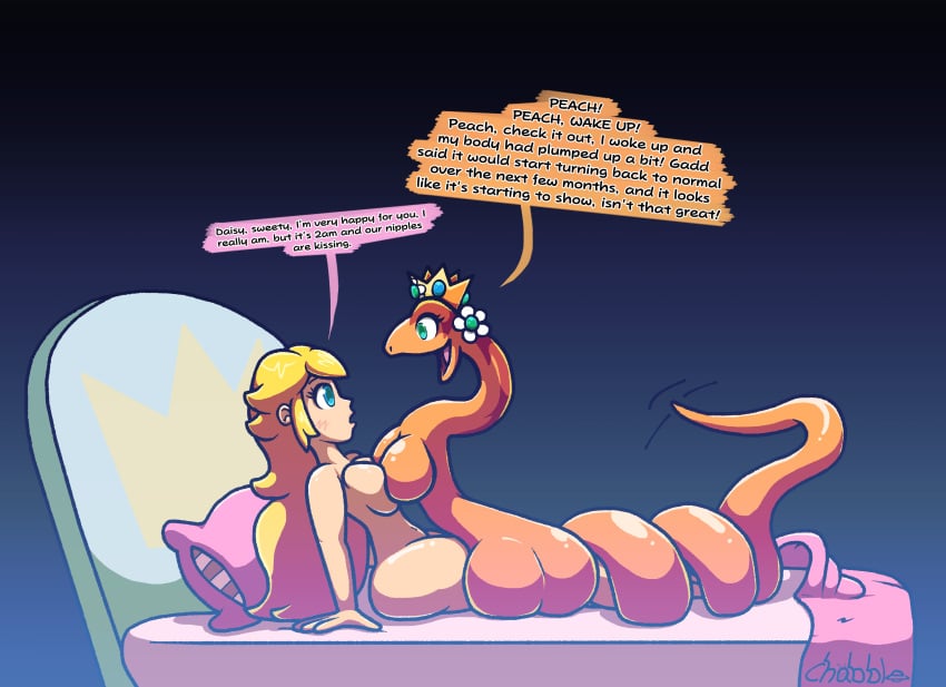 bed breasts breasts breasts_pressed_against_another breasts_pressed_together chabble crown mario_(series) post_transformation princess_daisy princess_peach snake snake_girl super_mario_bros. wrapped wrapped_up yellow_hair