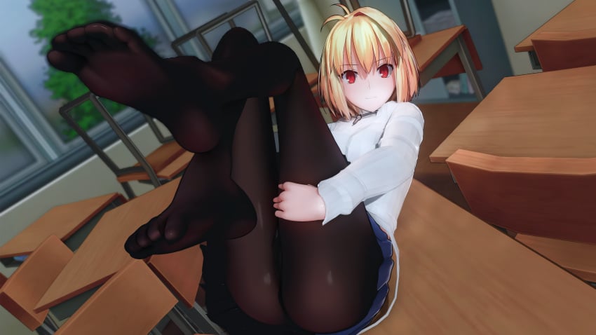 3d 3d_(artwork) ahoge arcueid_brunestud blonde_hair blush custom_maid_3d_2 feet feet_fetish feet_up foot_fetish grabbing_legs holding_thighs jewelry leggings lifting_leg looking_at_viewer melty_blood necklace pantyhose red_eyes showing_ass showing_butt skirt sweater thighs toes tsukihime tsukihime_(remake) vampire vampire_girl