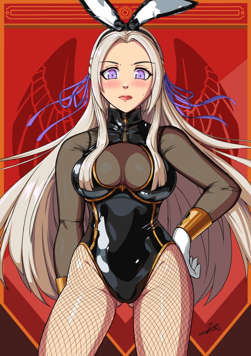 1girls big_breasts blush bunny_ears bunny_girl bunnysuit edelgard_von_hresvelg fake_animal_ears fire_emblem fire_emblem:_three_houses fishnets frown grey_hair hand_on_hip large_breasts looking_at_viewer nintendo purple_eyes sweatdrop thighs velvetsolana