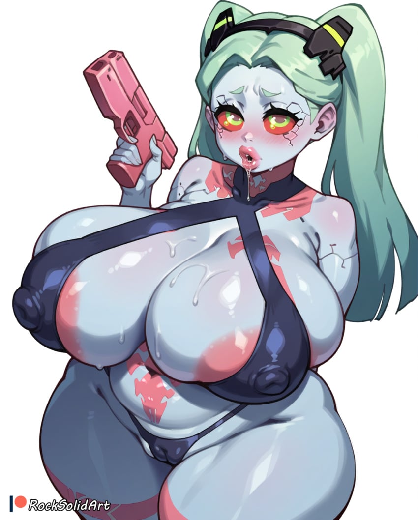 1girls ai_generated breasts cameltoe cyberpunk:_edgerunners female female_only firearm gun huge_breasts nipple_bulge pistol rebecca_(edgerunners) rocksolidart solo solo_female