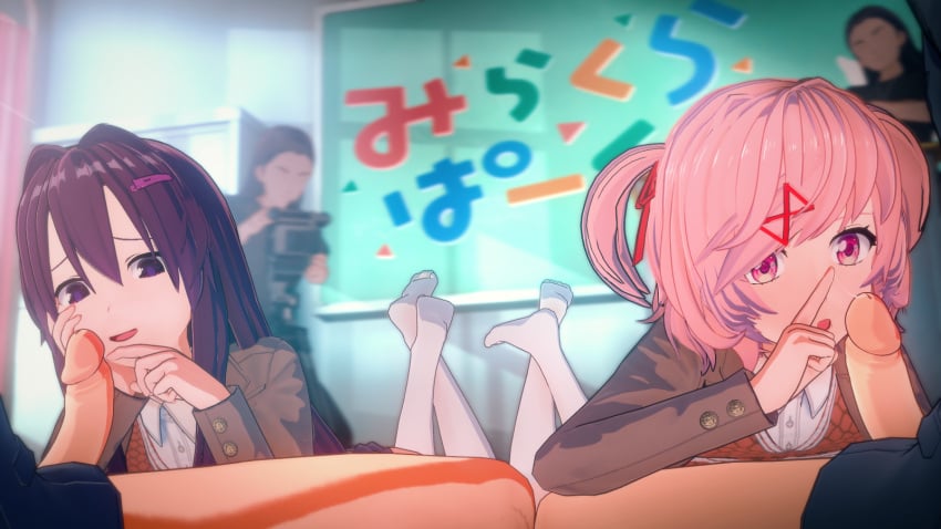 3d big_breasts big_penis blowjob cute_face cute_fang doki_doki_literature_club filming group_sex happy_sex human human_only light-skinned_female light-skinned_male light_skin natsuki_(doki_doki_literature_club) penis smug_face yuri_(doki_doki_literature_club)