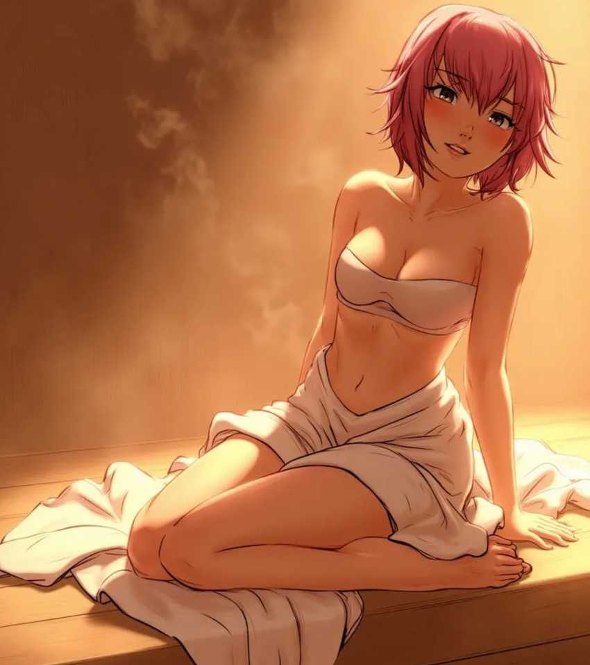 ai_generated ceejss naruto naruto_(series) naruto_shippuden pink_hair sakura_haruno sauna steam towel