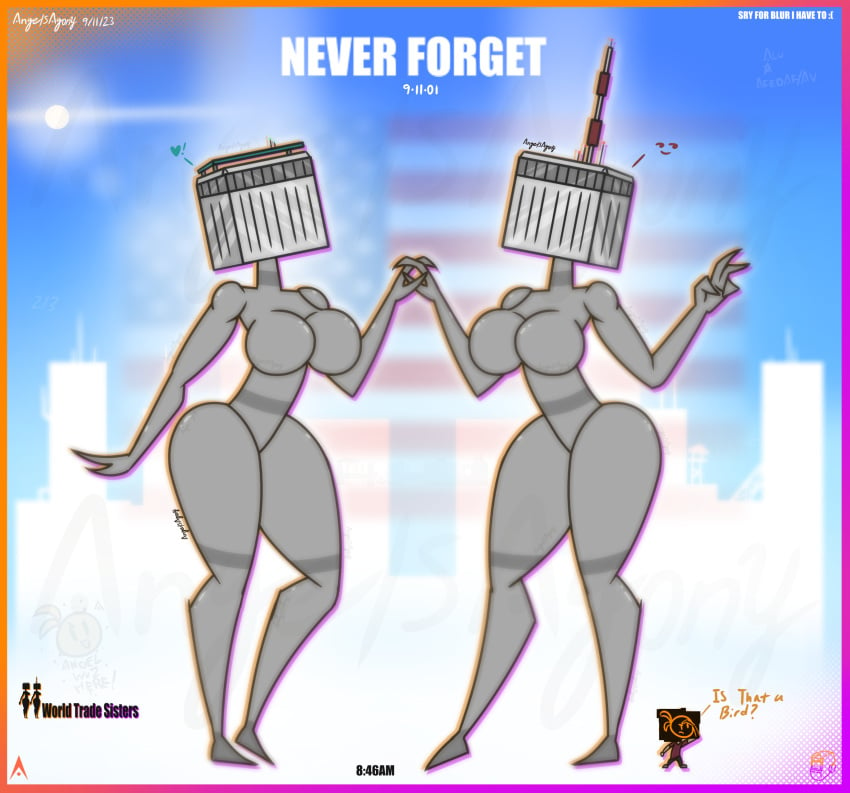 2d 2d_(artwork) 2girls 9/11 agonywelds american_flag angelsagony anthro ass big_ass big_breasts big_butt big_female bigger_female blue_sky blurry building buildings controversial controversy femdom flag hand_holding hands_on_sides history holding_hands lens_flare looking_at_viewer naked peace_sign smaller_male sun taller_girl thick_ass thick_thighs thighs twin_towers twins why wide_hips worldtradesisters