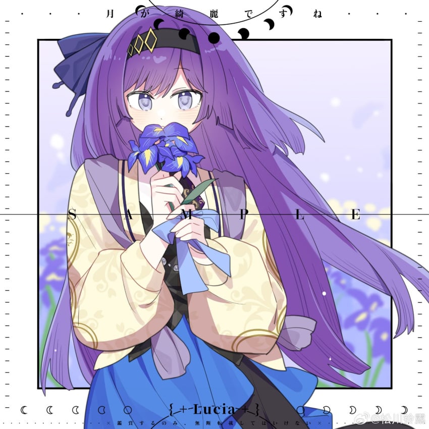 blue_flowers blurry_background clothed clothed_female detailed_background female_only flower flowers headband highres long_hair long_sleeves non-web_source purple_hair ribbon ribbons solo solo_female songchuan_ling_lu tagme tagme_(character) violet_eyes violet_hair